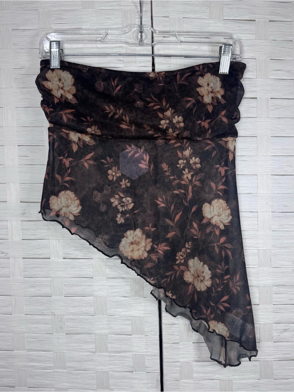Y2K Sheer Dark Floral Top Asymmetrical Handkerchief Hem Fairy Grunge Medium